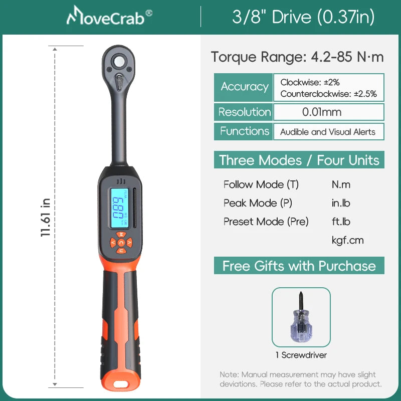 MOVECRAB Digital Torque Wrench 1-340N.m 2% Accuracy Preset & LED/Buzzer Alerts for Bike Motorcycles Automotive Mechanical Tool