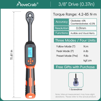 MOVECRAB Digital Torque Wrench 1-340N.m 2% Accuracy Preset & LED/Buzzer Alerts for Bike Motorcycles Automotive Mechanical Tool