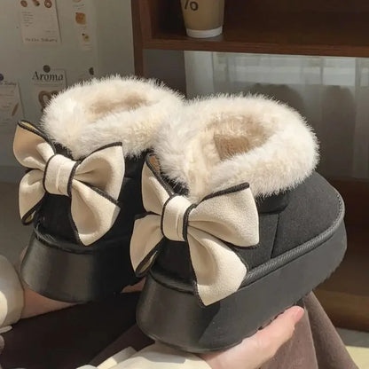 2024 New Bow Women's Thick-Soled Warm Fleece-Lined Cotton Shoes Versatile Snow Boots Korean Style Increased Height For Students