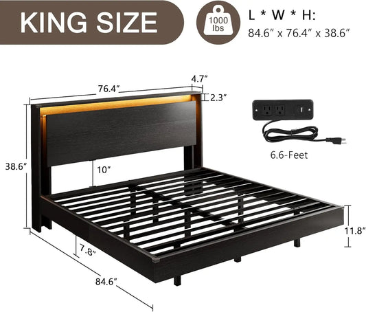 King Size Bed Frame with LED Lights & Charging Station – Wood Floating Bed Frame with Storage Headboard, Adhesive Slats