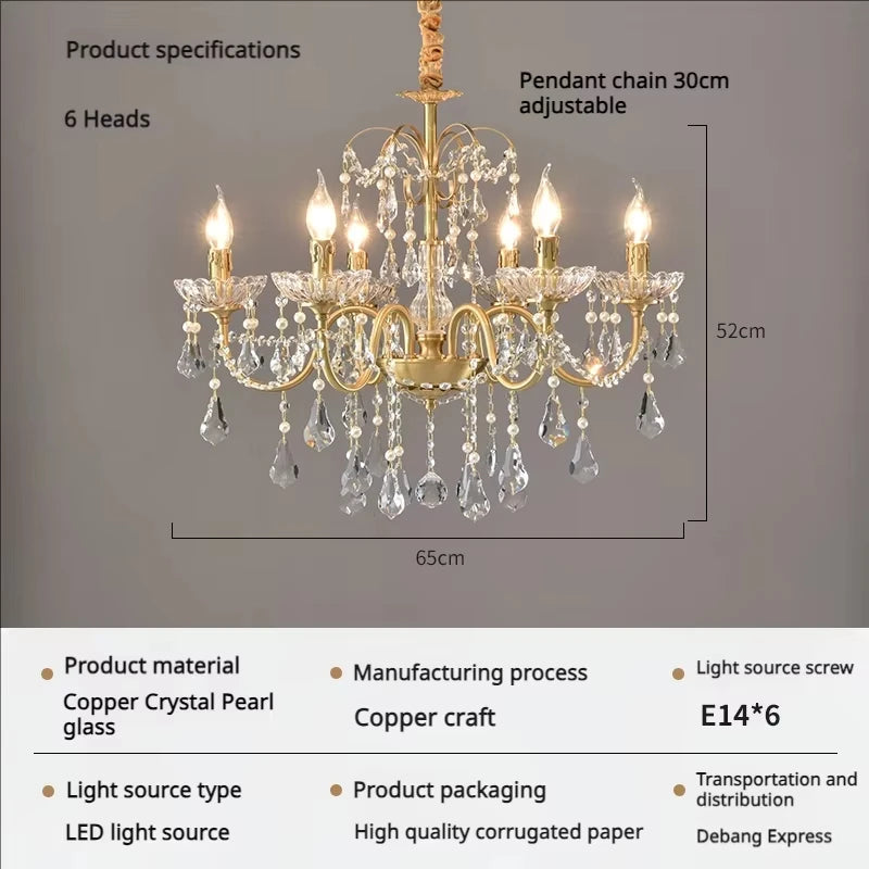 Vintage French Living Room Dining Room Full Copper Crystal Chandelier Light Luxury Romantic Bedroom Children'S Princess Room