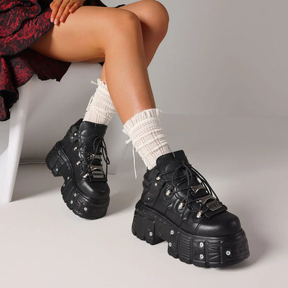 Punk Gothic Women Pumps Platform Biker Lace Up Motorcycle Ankle Boots Black Metal Combat Y2K Shoes