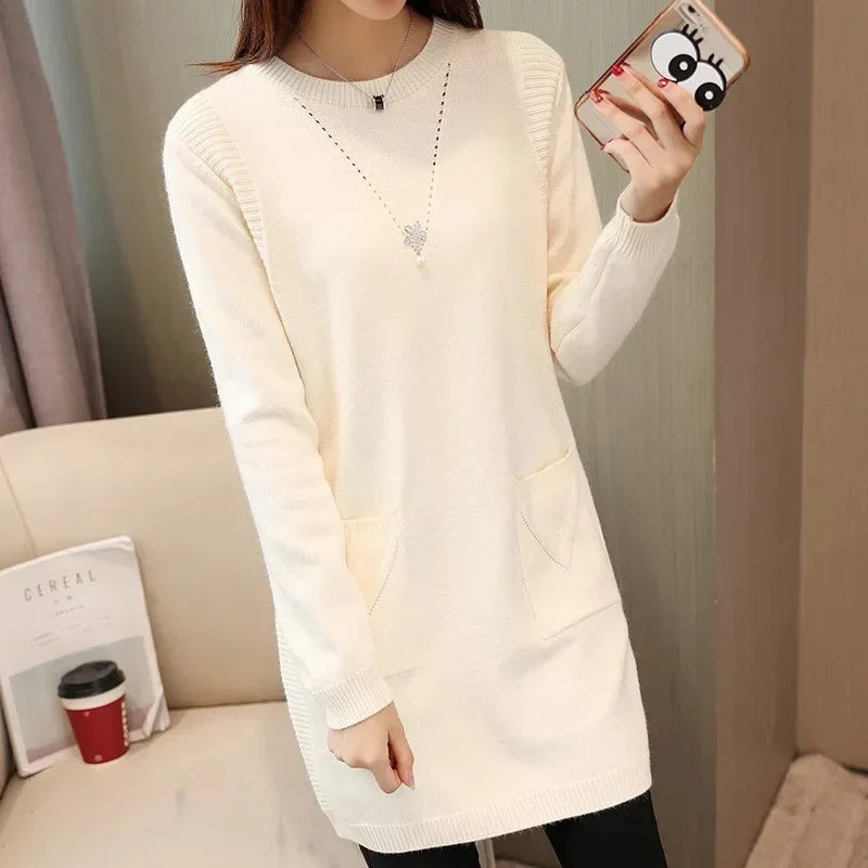 2024 New Style Korean Version Loose-Fit Medium-Length Knit Base Layer Top Women's Pullover Sweater Skirt Fleece-Lined Thickened