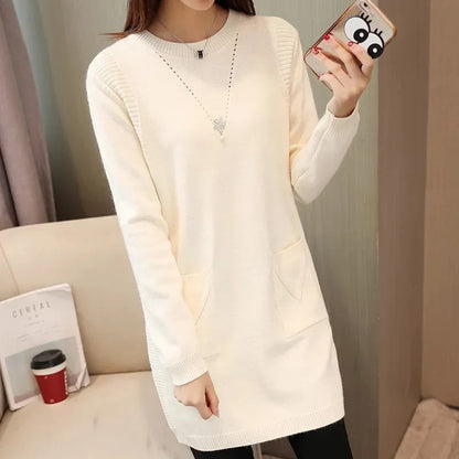 2024 New Style Korean Version Loose-Fit Medium-Length Knit Base Layer Top Women's Pullover Sweater Skirt Fleece-Lined Thickened