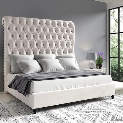 King Size Bed Frame with 59" Tall Upholstered Headboard, Luxury Velvet Bed with Handcrafted Deep-Tufted Design and, Customized
