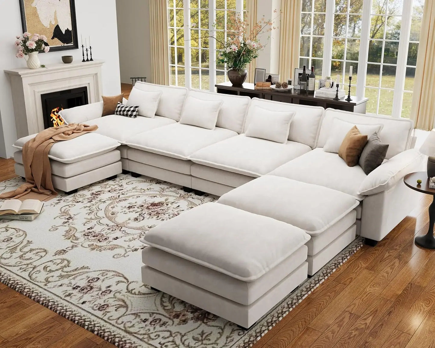 154" Oversized Modular Sectional Sofa, Comfy U-Shaped Cloud Couch w/ 3 Movable Ottomans, 7-Seater Chenille Deep, Customized