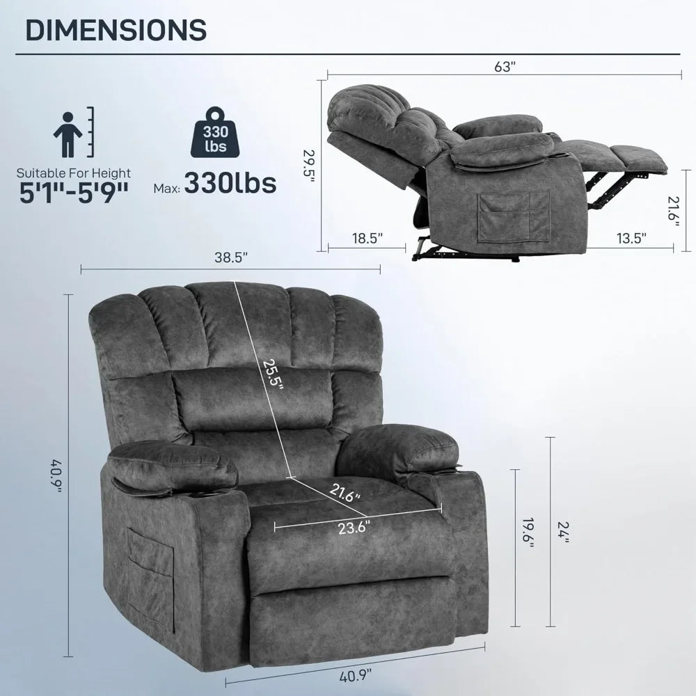 The New-Recliner Chair Modern Ergonomic Lounge Single Sofa Seat Living Room Gravity Recliners Foam Filling 2 Cup Holders & Side