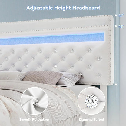 Queen LED Bed Frame With 2 Drawers, PU Upholstered Platform Beds With Adjustable Storage Headboard, Crystal Button