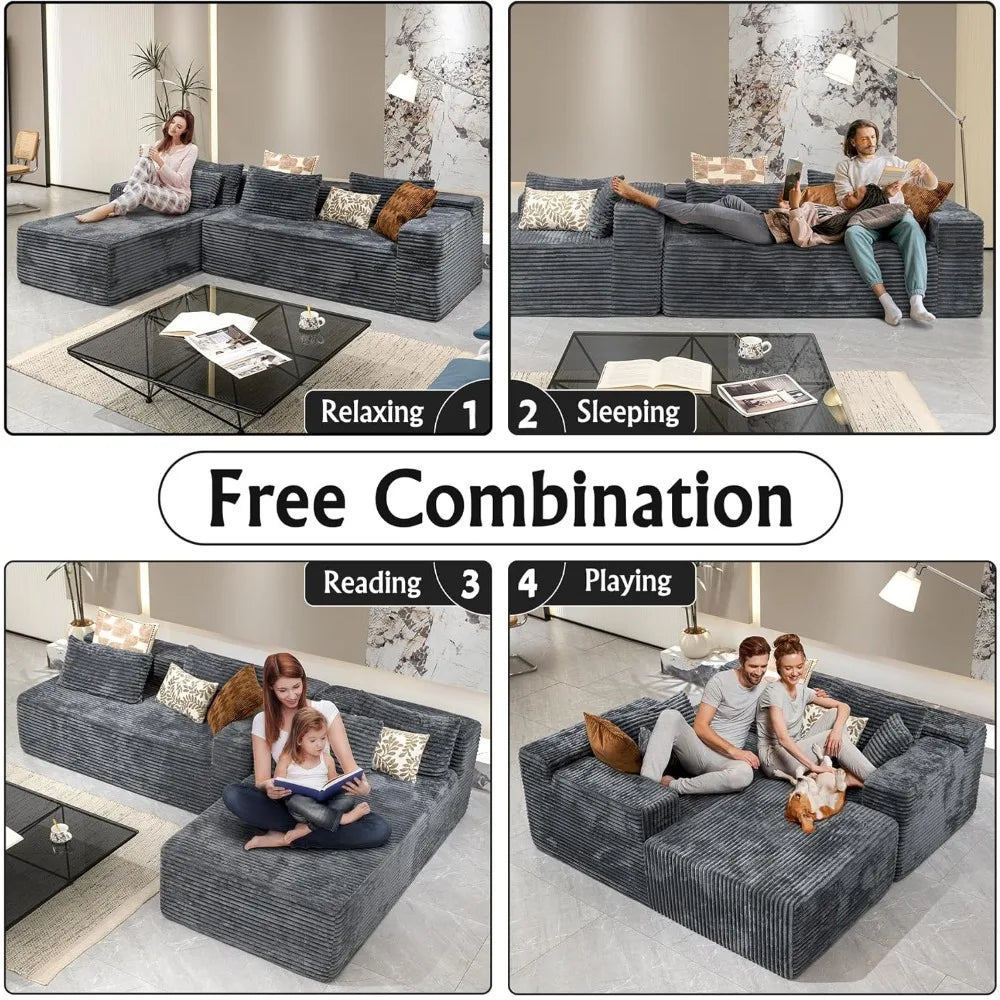 Grey sectional couches for Living Room-Corduroy Couch，104 Cloud Sectional Couch with L-Shape Chaise， Modern Modular Sofa, Deep S