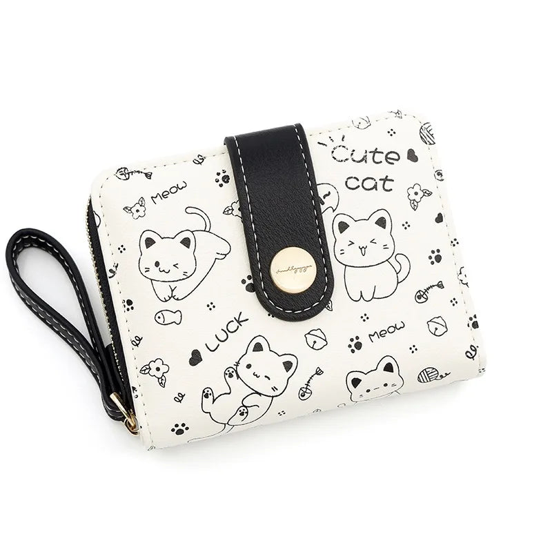 Japanese Cute Cat Girls Wallet Short Student ID Bank Card Holder Money Bag Zipper Wallets For Women Key Storage Purse Coin Purse