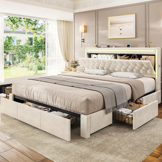Velvet LED Bed Frame with 5 Drawers, Hidden Storage Headboard, Charging Station & Metal Slats Support - Beige