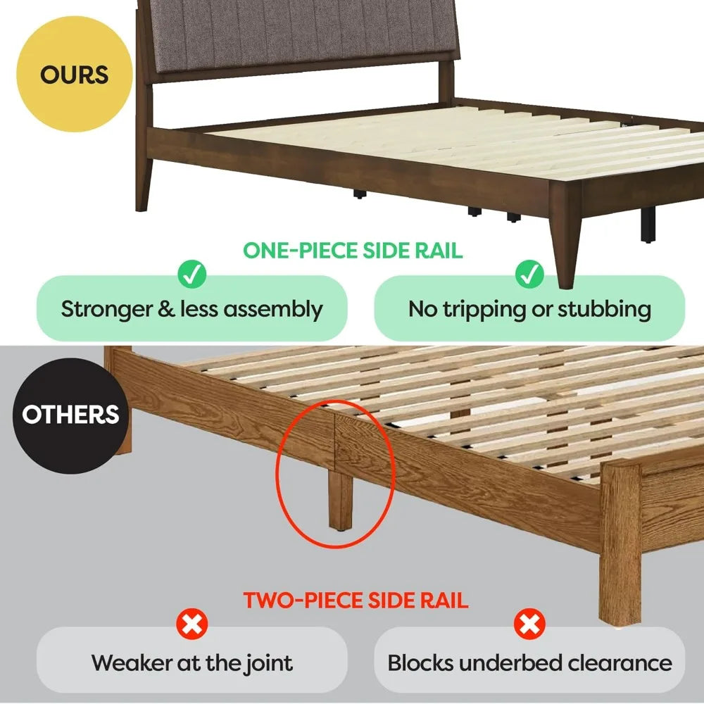 Casa Raven Solid Wood Queen Size Bed Frame - Mid Century Modern Style, Platform with Tufted Upholstered Adjustable Height Head