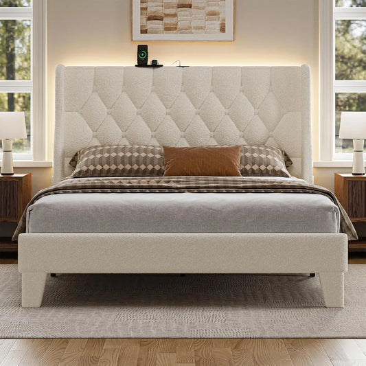 Queen Size Bed Frame White Platform Bed Frame with Type-C and USB Ports Wingback Bedframe with Headboard and Storage