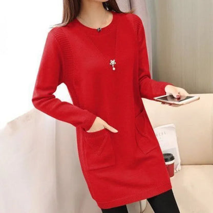 2024 New Style Korean Version Loose-Fit Medium-Length Knit Base Layer Top Women's Pullover Sweater Skirt Fleece-Lined Thickened