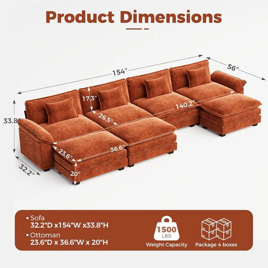 154" Oversized Modular Sectional Sofa, Comfy U-Shaped Cloud Couch w/ 3 Movable Ottomans, 7-Seater Chenille Deep, Customized
