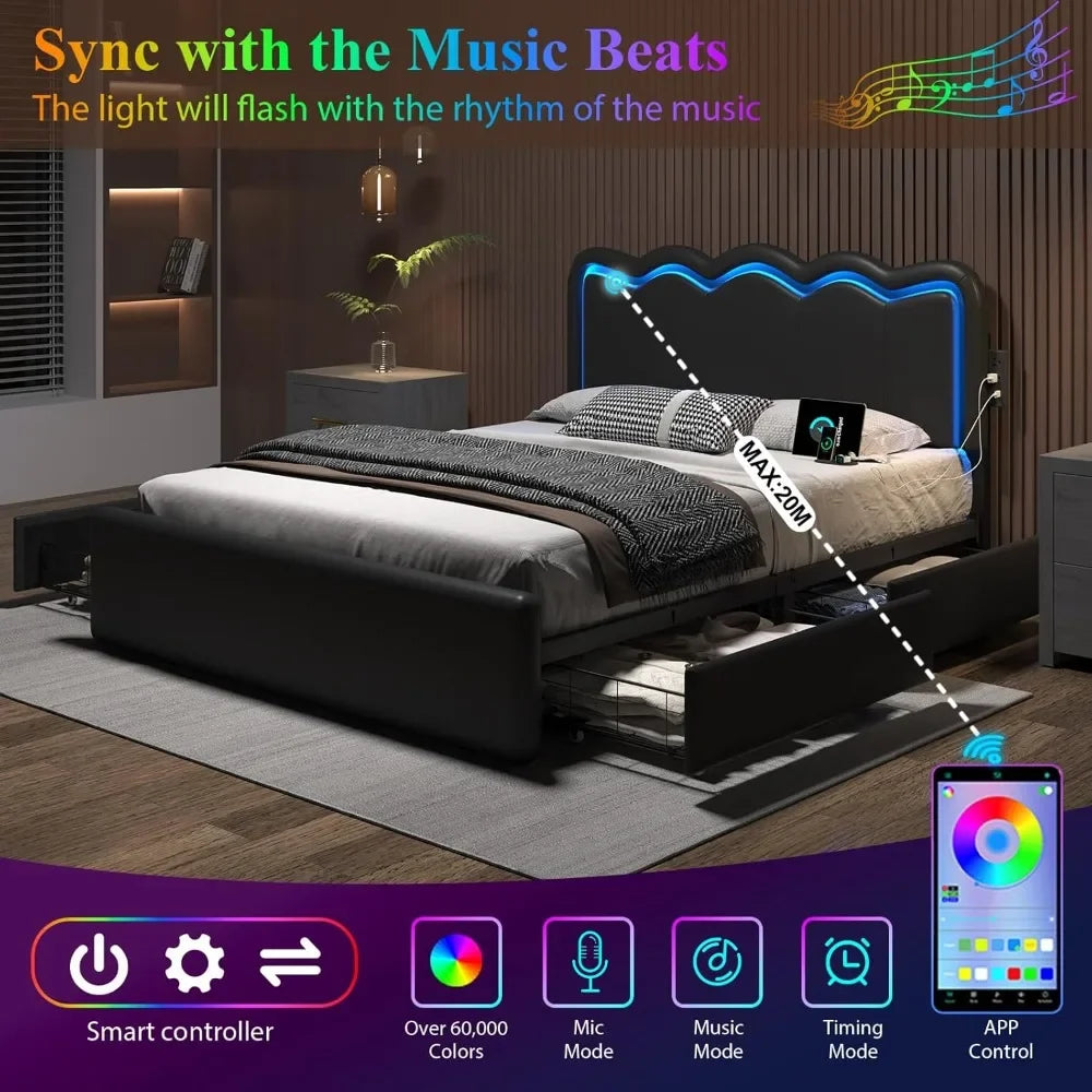 Bed Frame with 4 Storage Drawers and LED Lights, Upholstered Platform Bed with Adjustable Chic Double Wavy Headboard