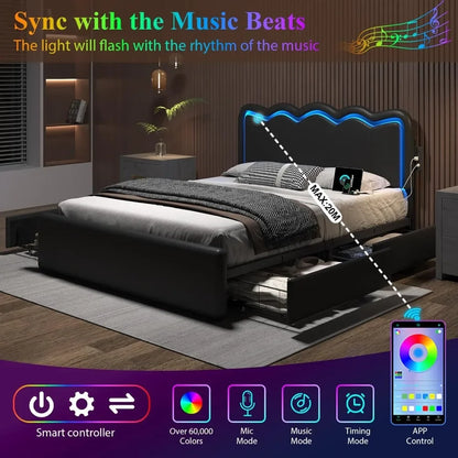 Bed Frame with 4 Storage Drawers and LED Lights, Upholstered Platform Bed with Adjustable Chic Double Wavy Headboard