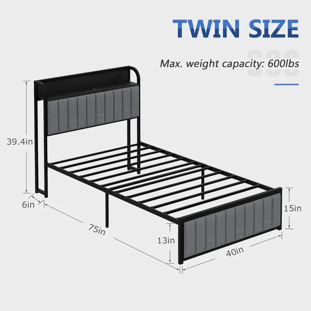 Twin Size Bed Frame with Upholstered Headboard, Sturdy Steel Slats, Easy Assembly in Grey & Black