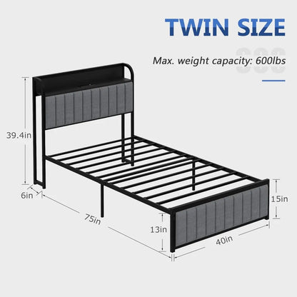 Twin Size Bed Frame with Upholstered Headboard, Sturdy Steel Slats, Easy Assembly in Grey & Black