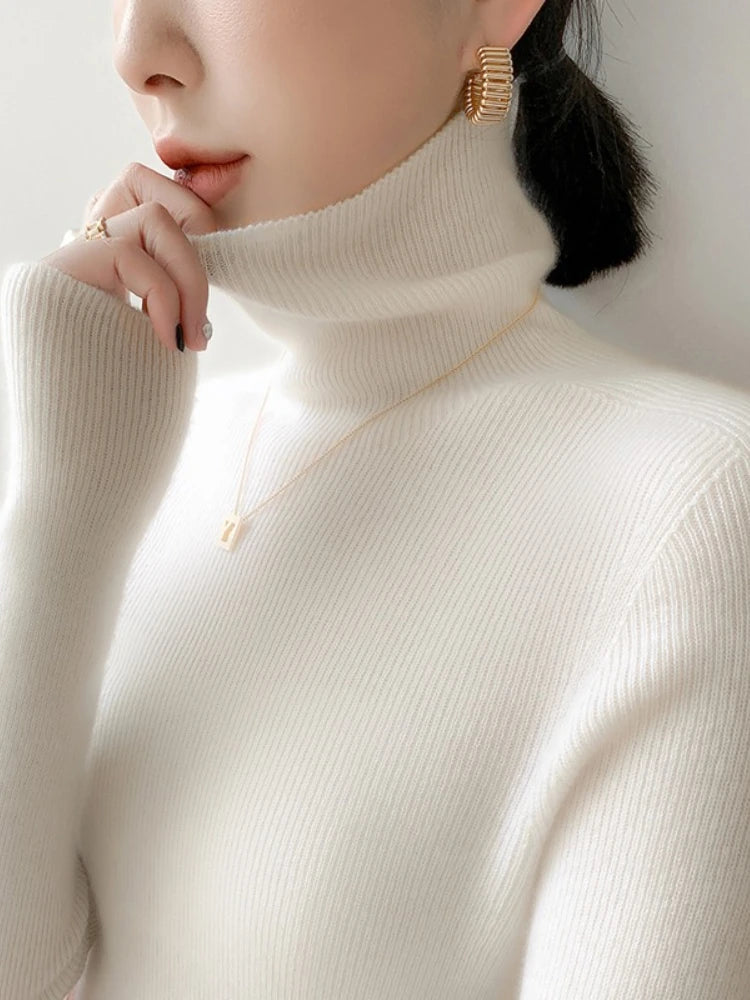 AOSSVIAO 2025 Autumn Winter Soft Turtleneck Cashmere Knitted Sweater Korean Style Slim Fit Solid Color Basics Pullovers