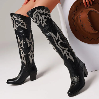 Women Over The Knee Western Boots Cowboy Chunky High Heel Square Toe Side Zipper Shoes Vintage Leisure Dressy Cowgirl Boots US