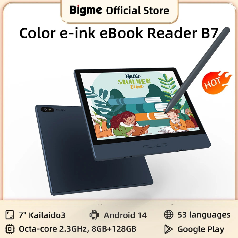 Bigme 7'' electronic book B7, color e-ink ebook reader, 300PPI, 8GB+128GB, Android14 open system, ereader tablet with 4G calling