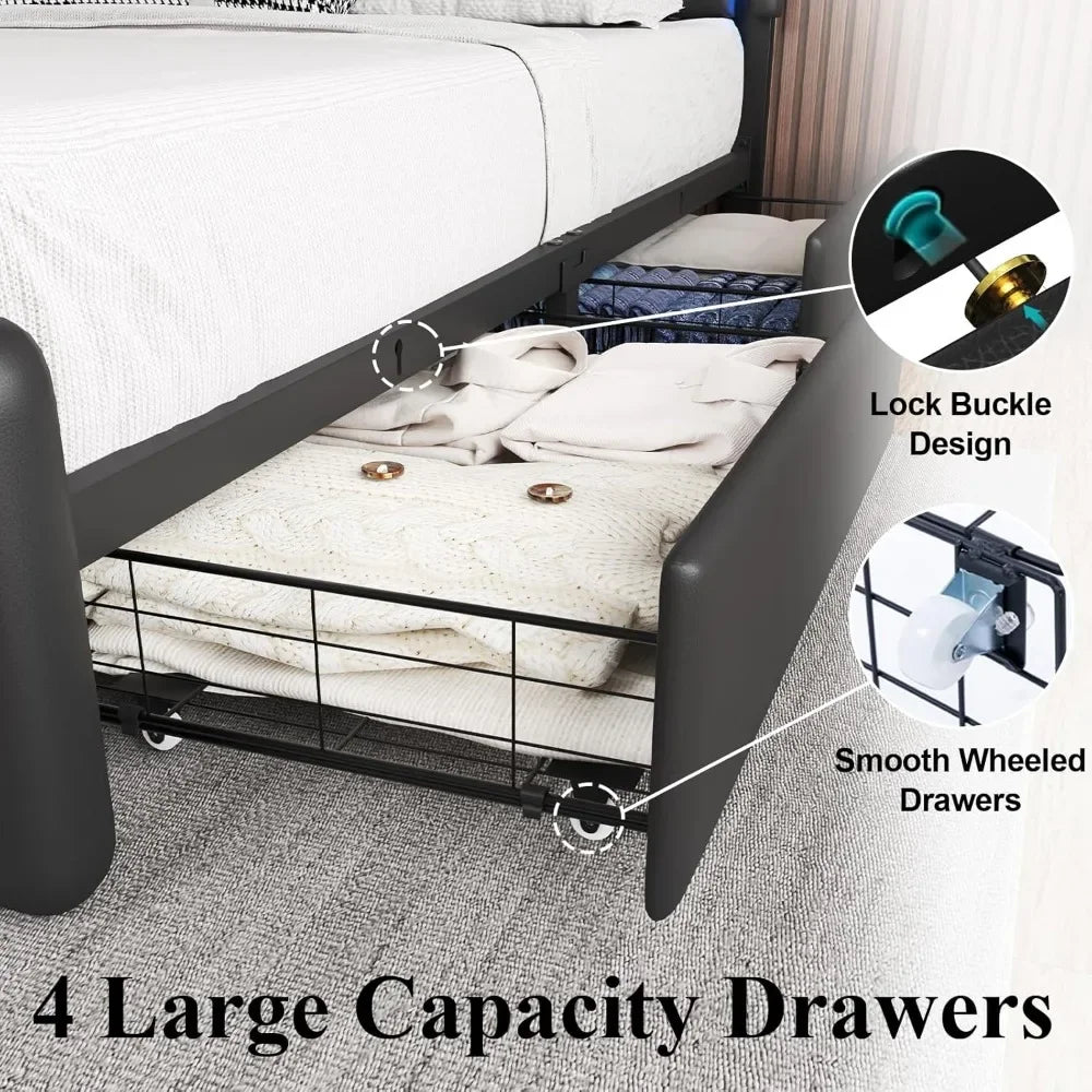 Bed Frame with 4 Storage Drawers and LED Lights, Upholstered Platform Bed with Adjustable Chic Double Wavy Headboard