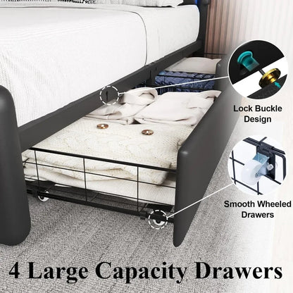 Bed Frame with 4 Storage Drawers and LED Lights, Upholstered Platform Bed with Adjustable Chic Double Wavy Headboard