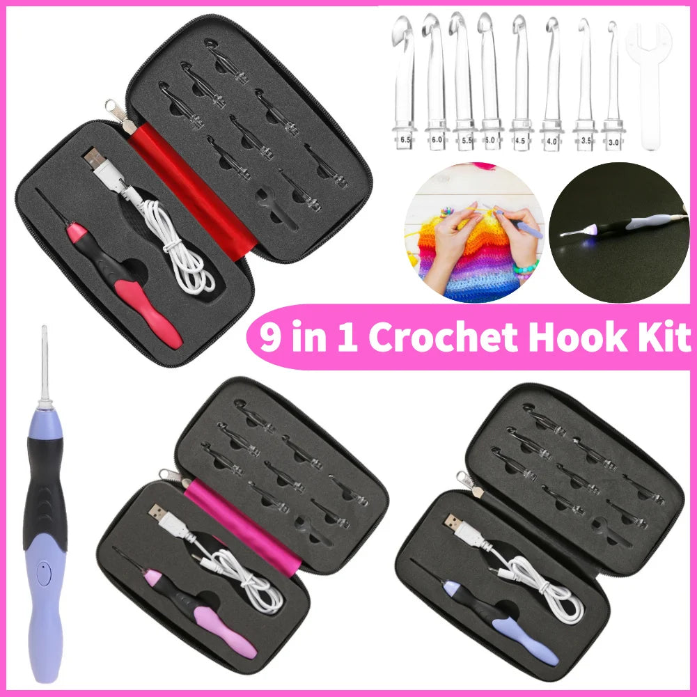 9 in 1 Light Up Crochet Hook Set USB Rechargeable Ergonomic Crochet Hooks LED Luminous Knitting Hook Tools With Case Sewing Tool