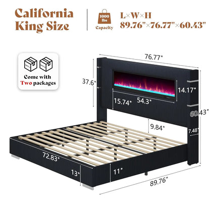 Modern California King Size Bed Frame with Fireplace, Corduroy Upholstered Bed Frame with 60.4“ Extra Tall, Customized