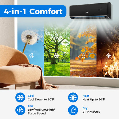 12000 BTU Wifi Enabled Mini Split Air Conditioner & Heater w/ Heat Pump