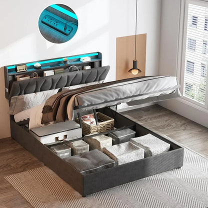 Queen Lift Up Storage Bed Frame, Height Adjustable Storage Headboard with Charging Station, LED Lights Upholstered Platform Bed
