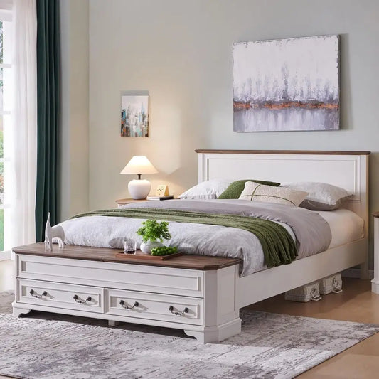 Farmhouse Queen Bed with Headboard and Storage Bench, Rustic Wood Platform Bed with 64" Storage Chest w/ 4 Large,Customized