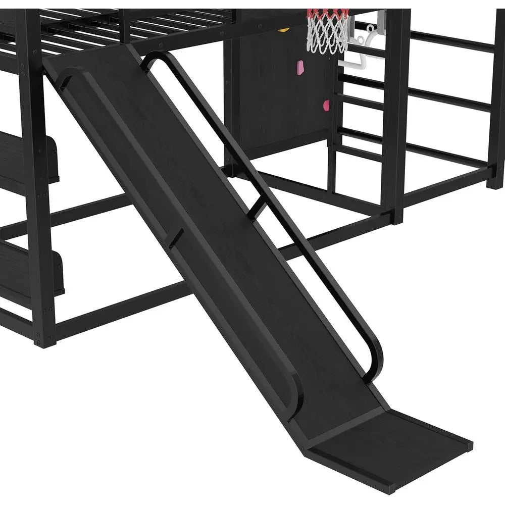 Twin Loft Bed with Slide, Basketball Hoop, Climbing Wall, and Shelves - Black Metal Gaming Bed