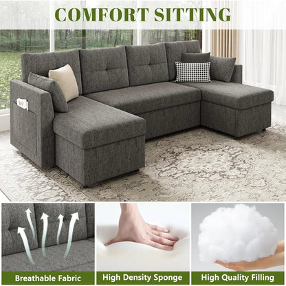 Oversized Sleeper Sofa Couch, 110 inch 2 in 1 Pullout Couch Bed with Double Storage Chaise, Sectional Sleeper Sofa Bed with Side