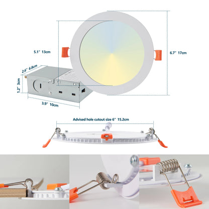 6 Inch LED Recessed Ceiling Lights, 12-Pack Ultra-Thin with Junction Box, 5 Color Temperature Options 2700K-5000K, Dimmable