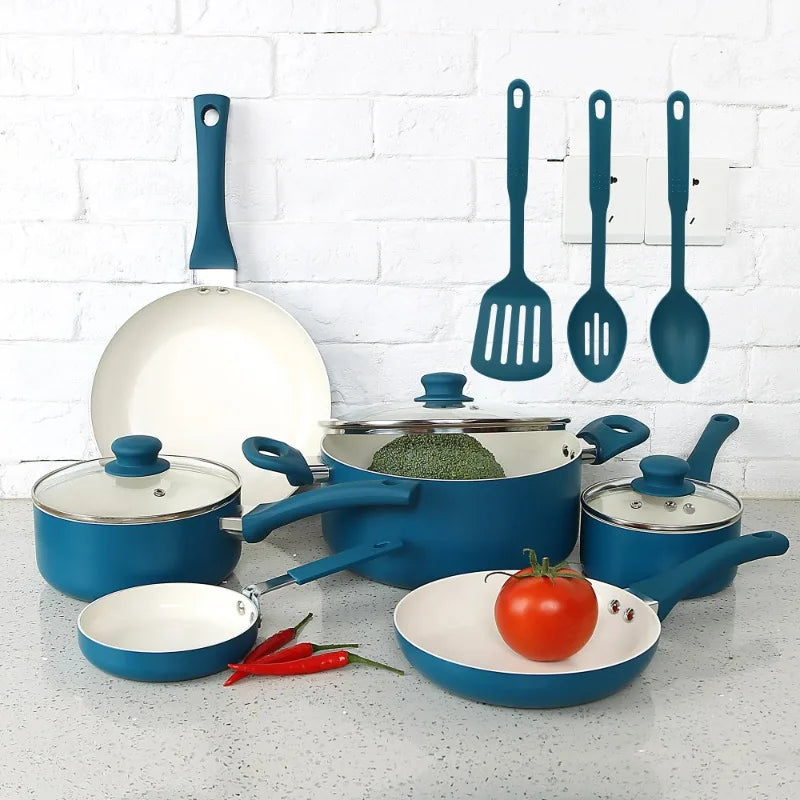 Mainstays Classic Collection 12 Piece Nonstick Aluminum Alloy Cookware Set, Blue