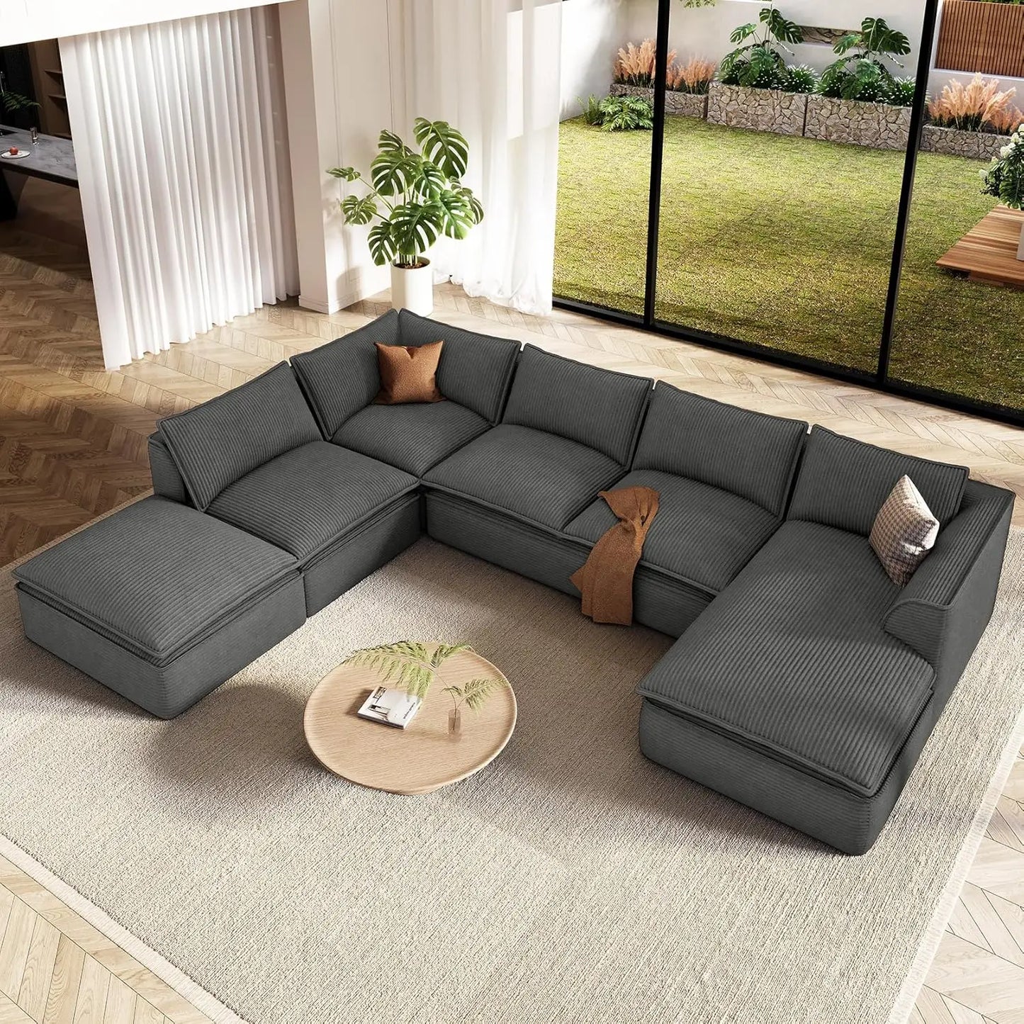 141.7" Oversized Boneless Sectional Couch, Modern 7 Seater Modular Sofa with Chaise & Ottoman, Deep Seat Corduroy, Customized