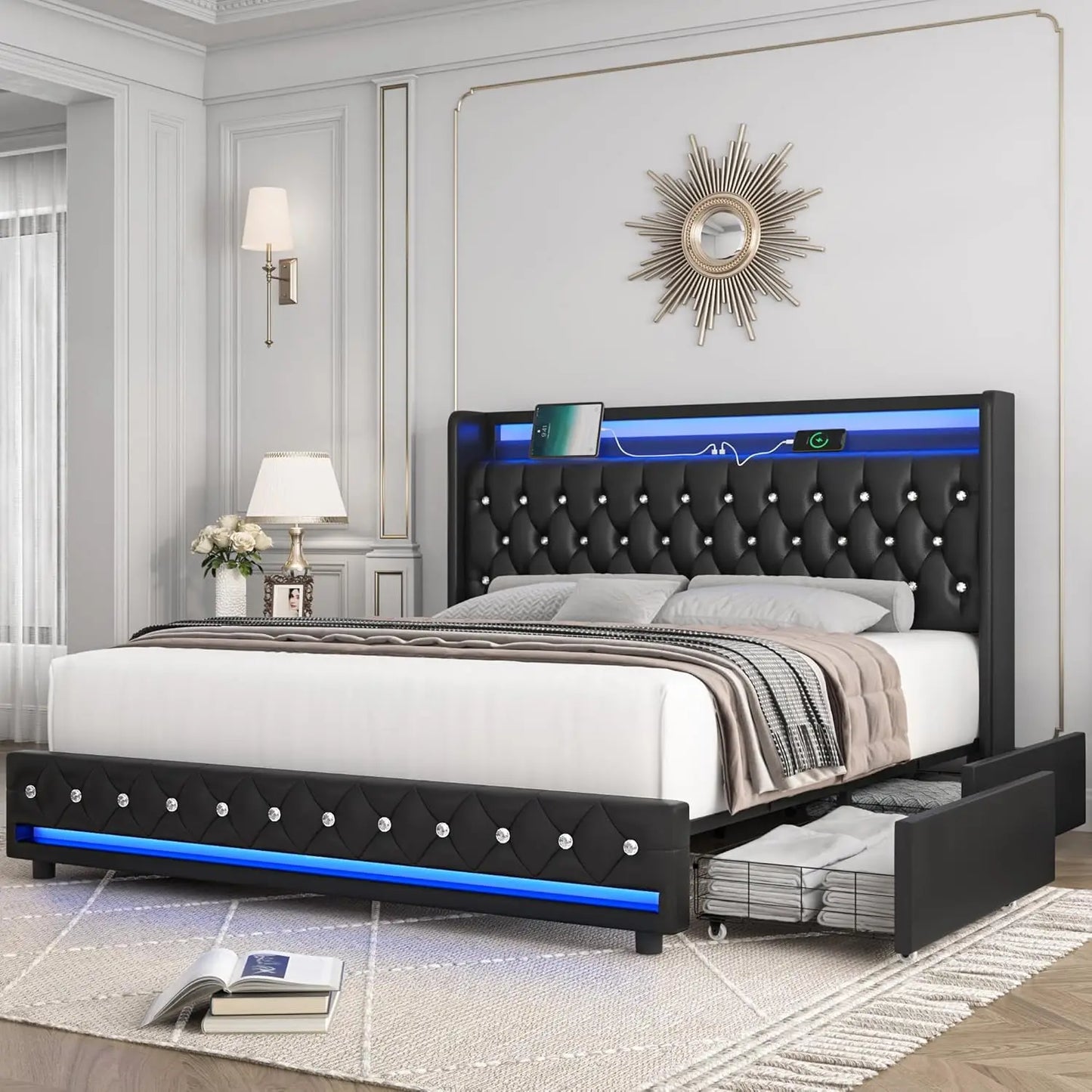 Queen LED Bed Frame with Charging Station and 4 Storage Drawers, Velvet Upholstered Platform Bed with Handcrafted, Customized