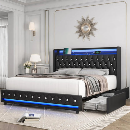 Queen LED Bed Frame with Charging Station and 4 Storage Drawers, Velvet Upholstered Platform Bed with Handcrafted, Customized