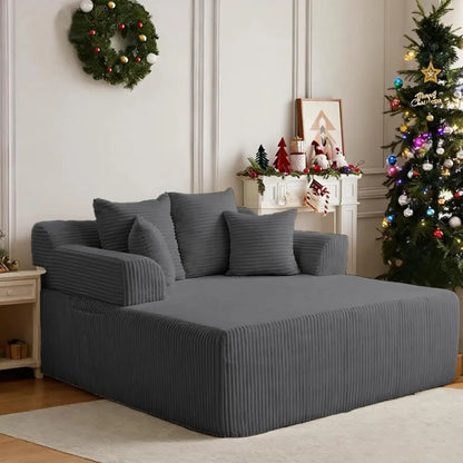 58" Chaise Lounge Chair Indoor, Green - Oversized Corduroy Boneless Sleeper Sofa Bed with Armrests and 4 Pillows, No Assembly