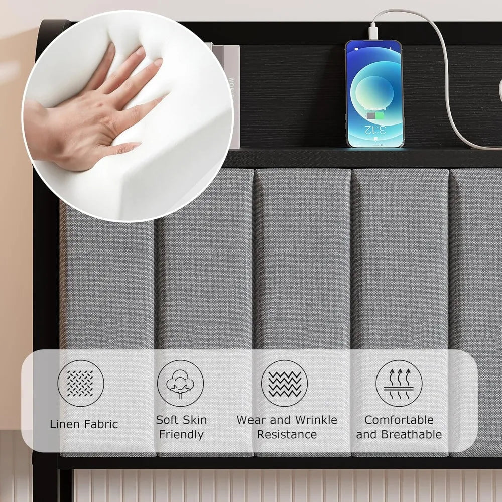 Twin Size Bed Frame with Upholstered Headboard, Sturdy Steel Slats, Easy Assembly in Grey & Black