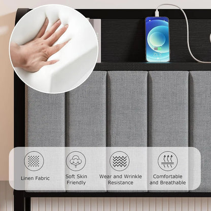 Twin Size Bed Frame with Upholstered Headboard, Sturdy Steel Slats, Easy Assembly in Grey & Black