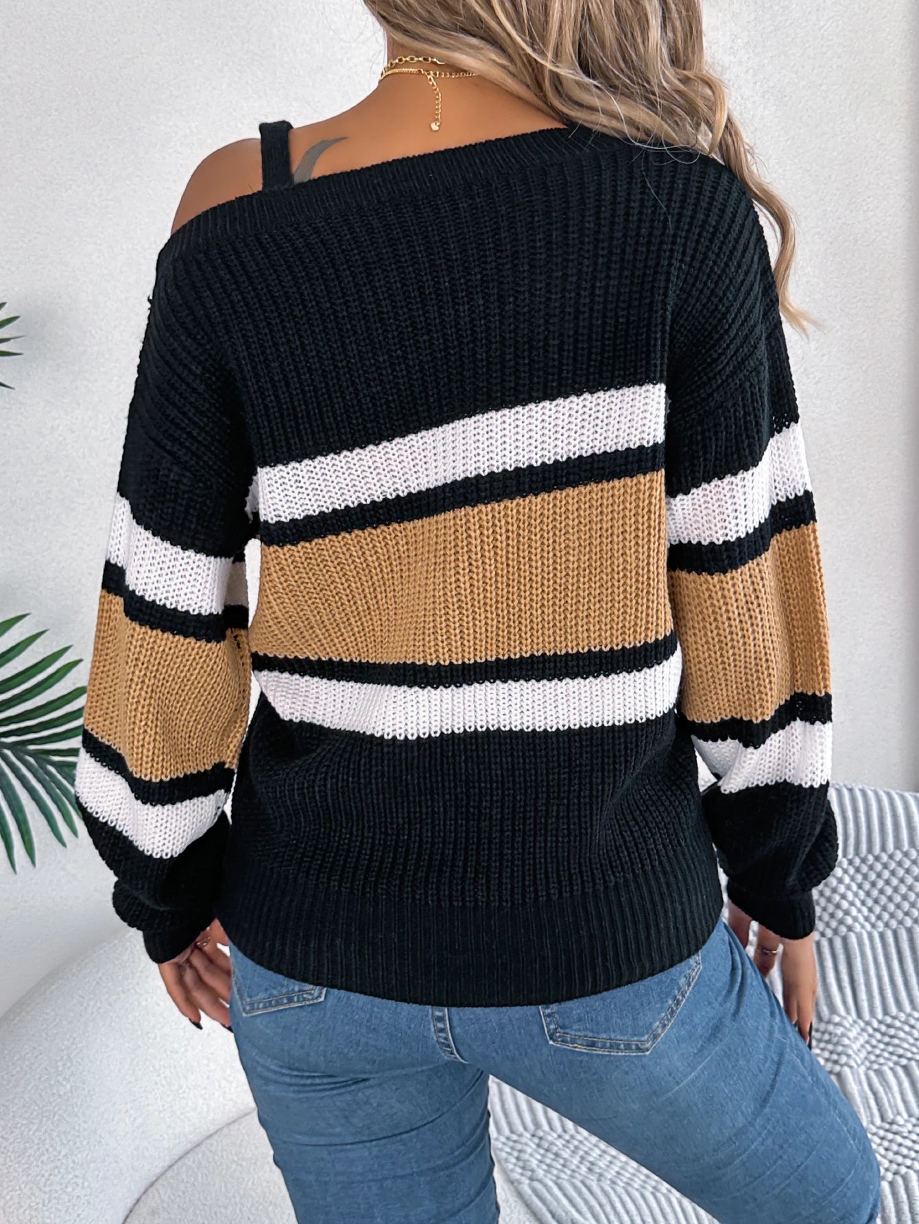 Autumn and Winter Casual Stripe Contrasting Color Off Shoulder Metal Buckle Long Sleeve Pullover Sweater Women Clothes