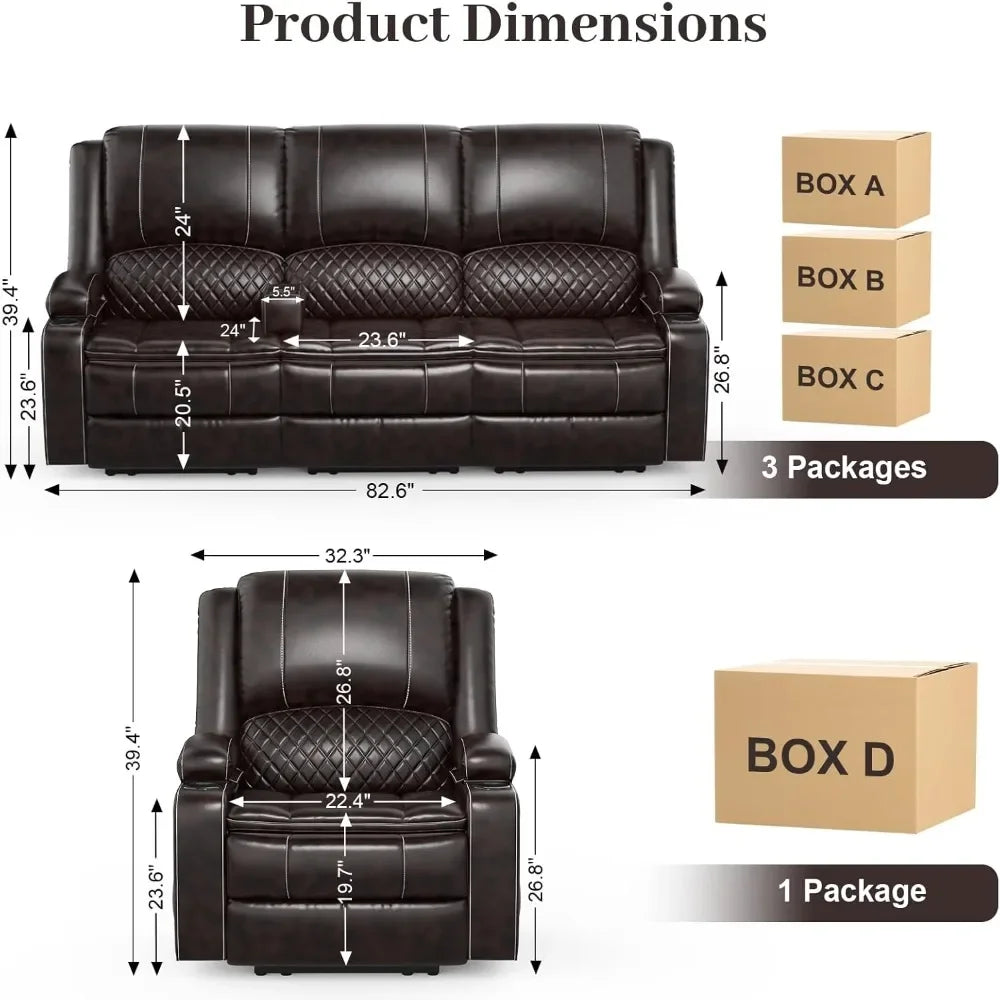 Minimalist 3 seater recliner sofa set with 2-tier cushion, 3+1 pieces in living room, 3 seater reclining couch leather with remo
