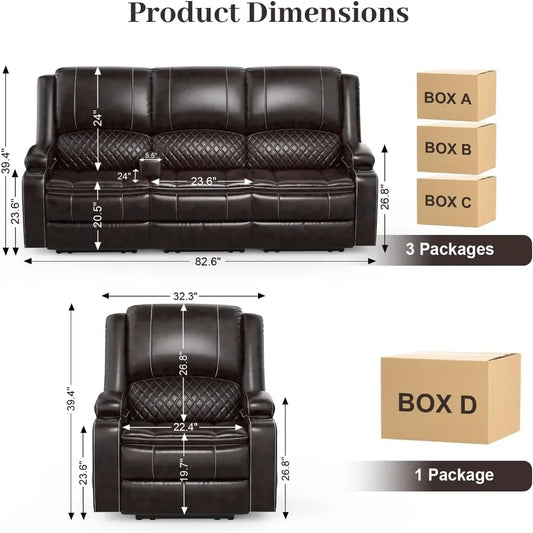 Minimalist 3 seater recliner sofa set with 2-tier cushion, 3+1 pieces in living room, 3 seater reclining couch leather with remo