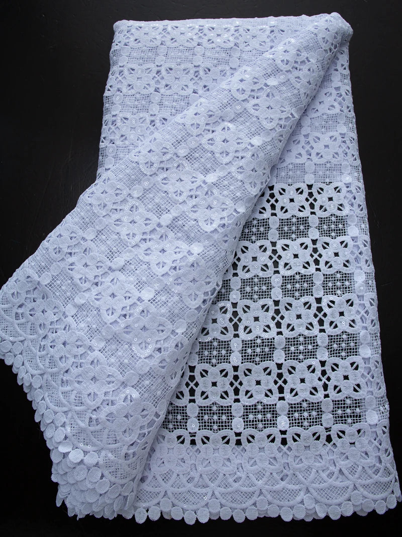 Pure White Nigerian Guipure Lace Fabric 2025 High Quality Water Soluble African Sequin Cord Lace Fabric for Party Dress Sew 4025