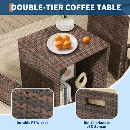 5-Piece All-Weather Pe Rattan Patio Set, High Back Chairs With 2 Ottomans & Table, Soft Cushions For Garden & Porch