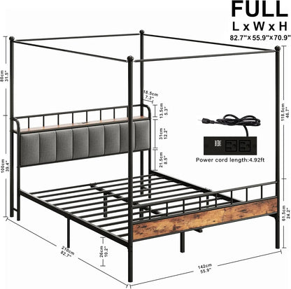 LIKIMIO Canopy Bed Frame Queen, Storage Headboard with Charging Station, Platform Bed with 4 Removable Sturdy Posts, Noise Free