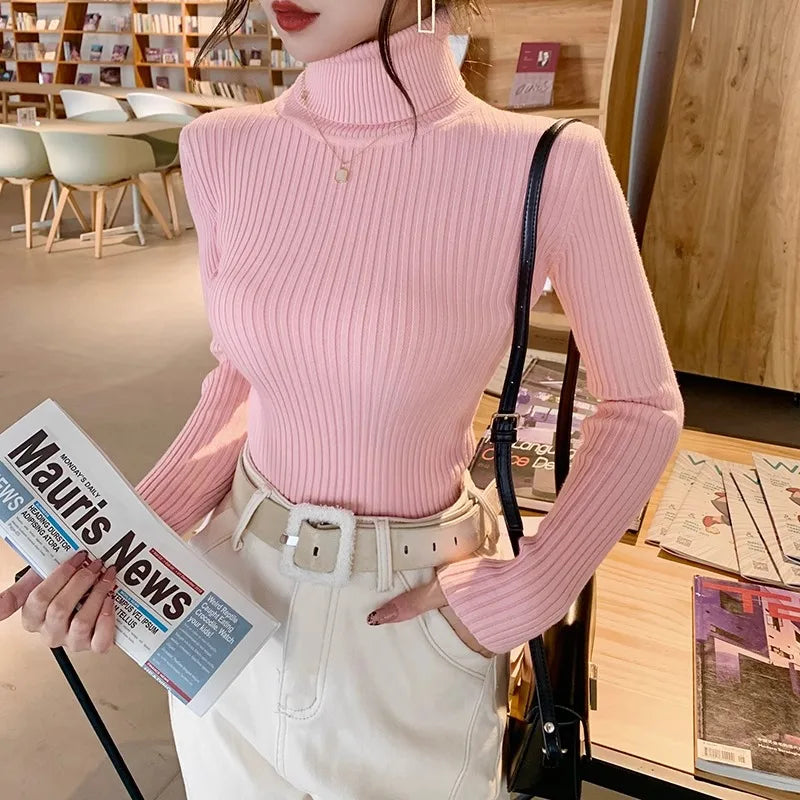 2025 Casual Slim Knitted Pullover Autumn Winter Thick Turtleneck Sweater Base Sweater Korean Style Simple Base Layer Warm Tops